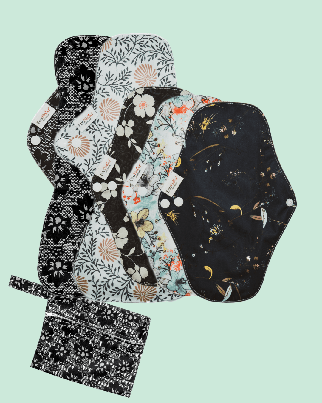 Eco Pad Heavy Flow pack (2 Large, 3 Regular + Wet Bag) - Feminine Pads & Protectors