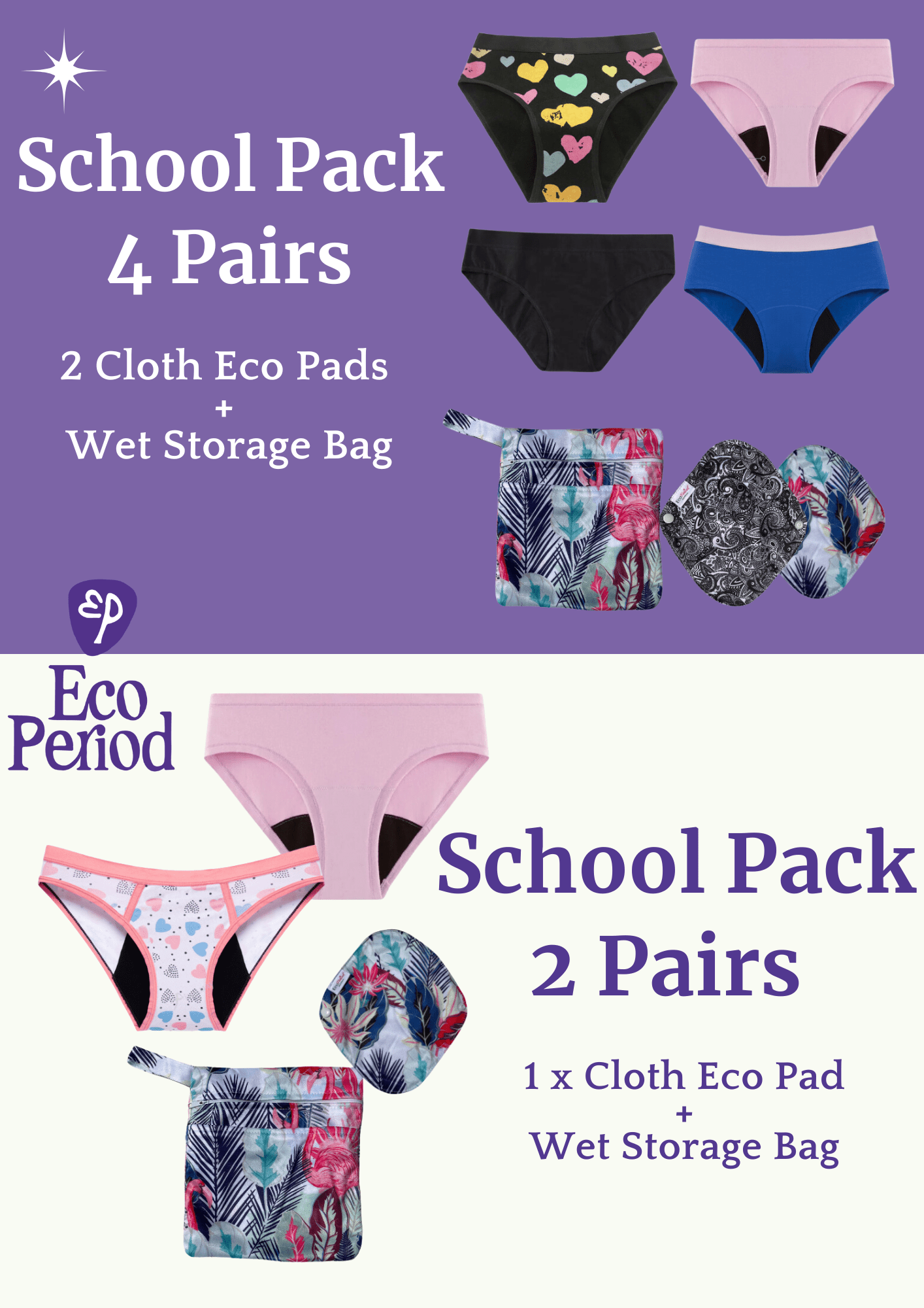 ECO PERIOD Teen School Bundle | 4 Pack + Pads + Wet Bag -
