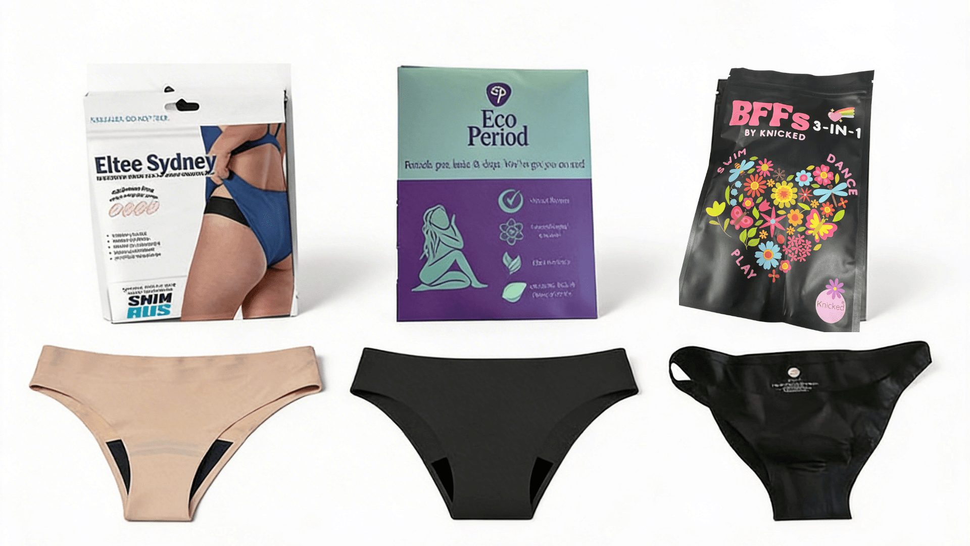 Eco Period FlowBase vs Knicked vs Eltee Sydney Period Swim Underwear - Eco Period Australia
