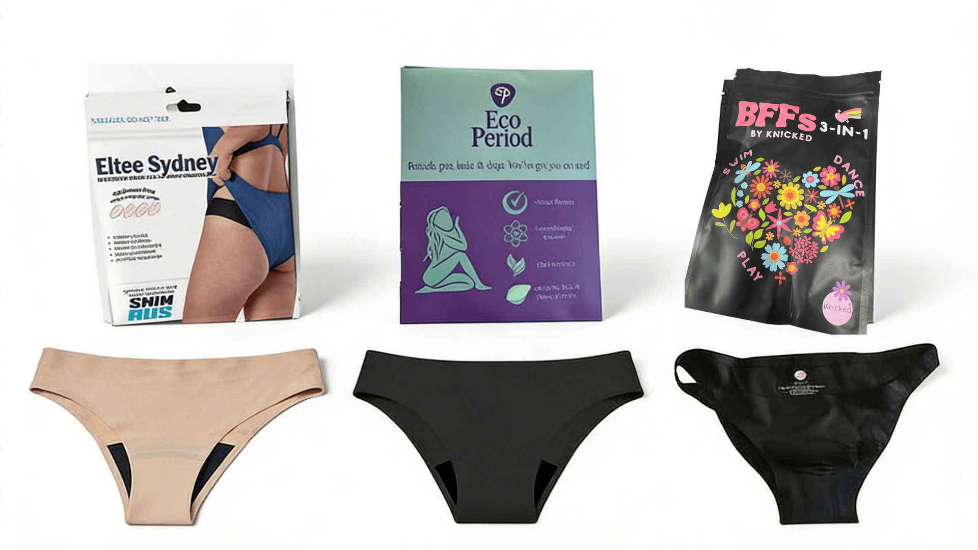 Eco Period FlowBase vs Knicked vs Eltee Sydney Period Swim Underwear - Eco Period Australia