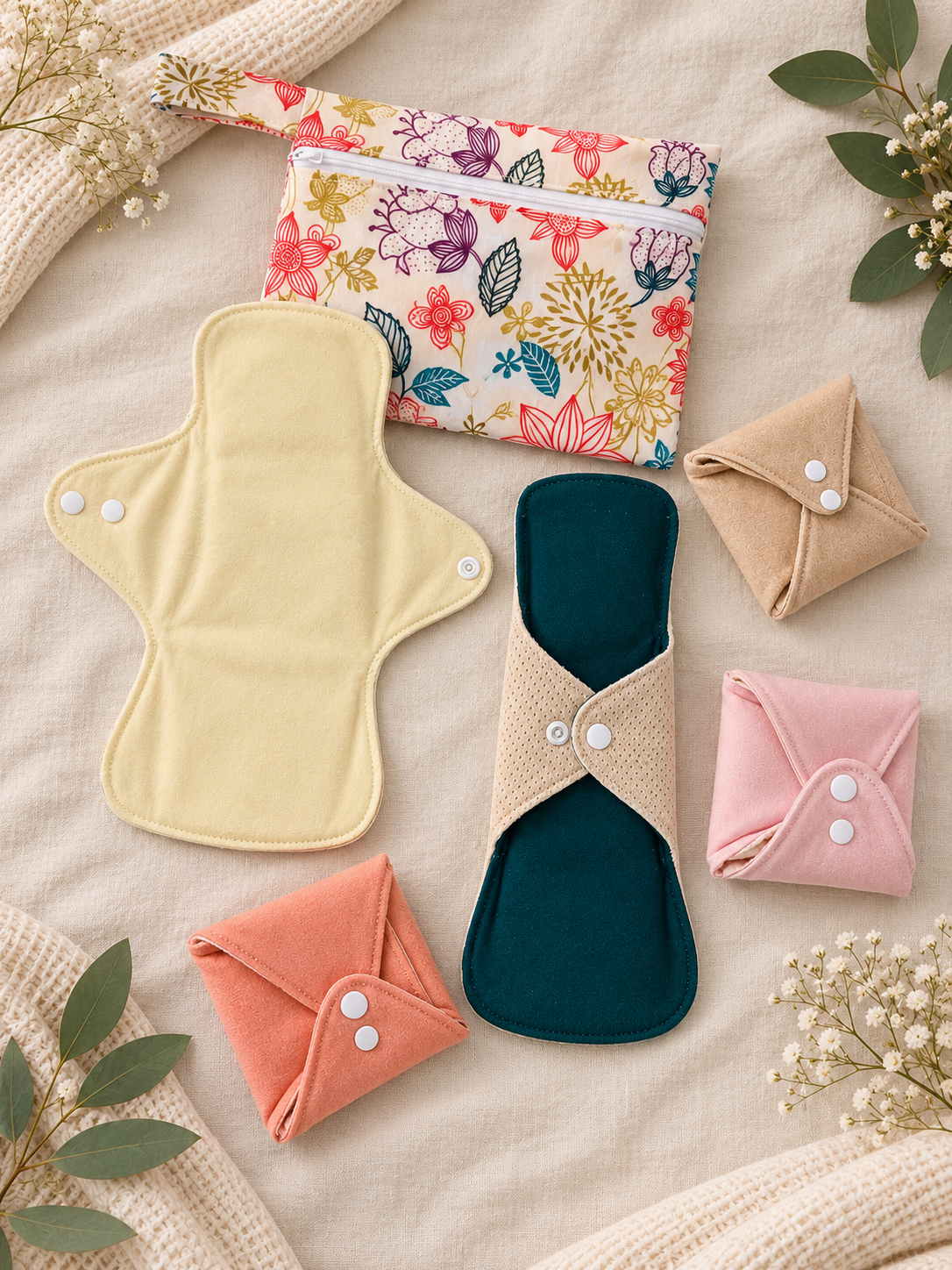 Organic Cotton Cloth Pads + Wet Bag | Regular 24 cm