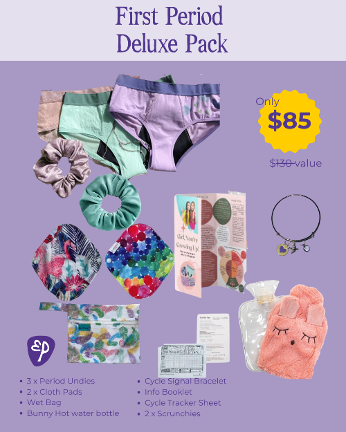 First Period Deluxe Pack with period products and accessories on a purple background