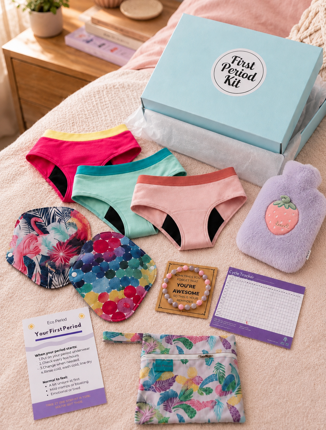 Period kit for teens with period undies, cloth pads, a wet bag, bracelet, hot water bottle and Teen Period Guide.