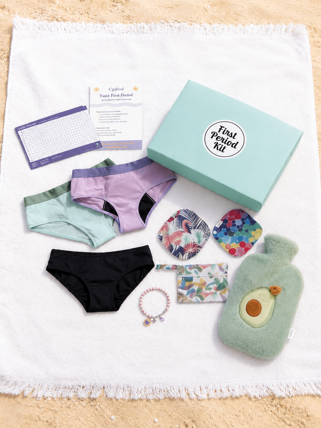 Two pairs of period undies, one pair of period swim bottoms, 2 cloth pads and a wet bag and more!