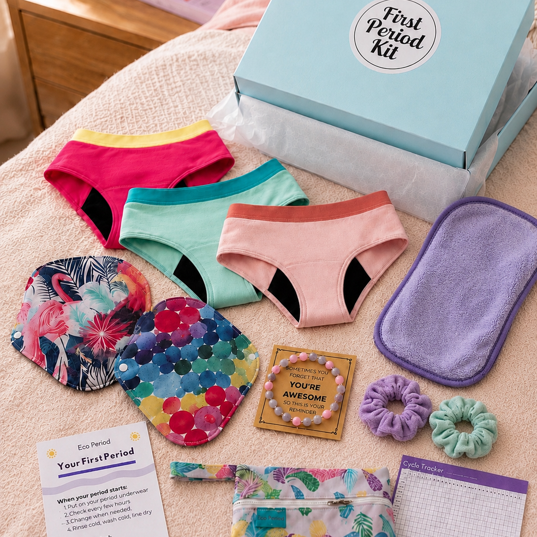 A first period kit laid out on a bed, including a light blue gift box labeled 'First Period Kit,' several colorful underwear pieces, patterned pads, a purple towel, scrunchies, a small pouch, and informational cards.
