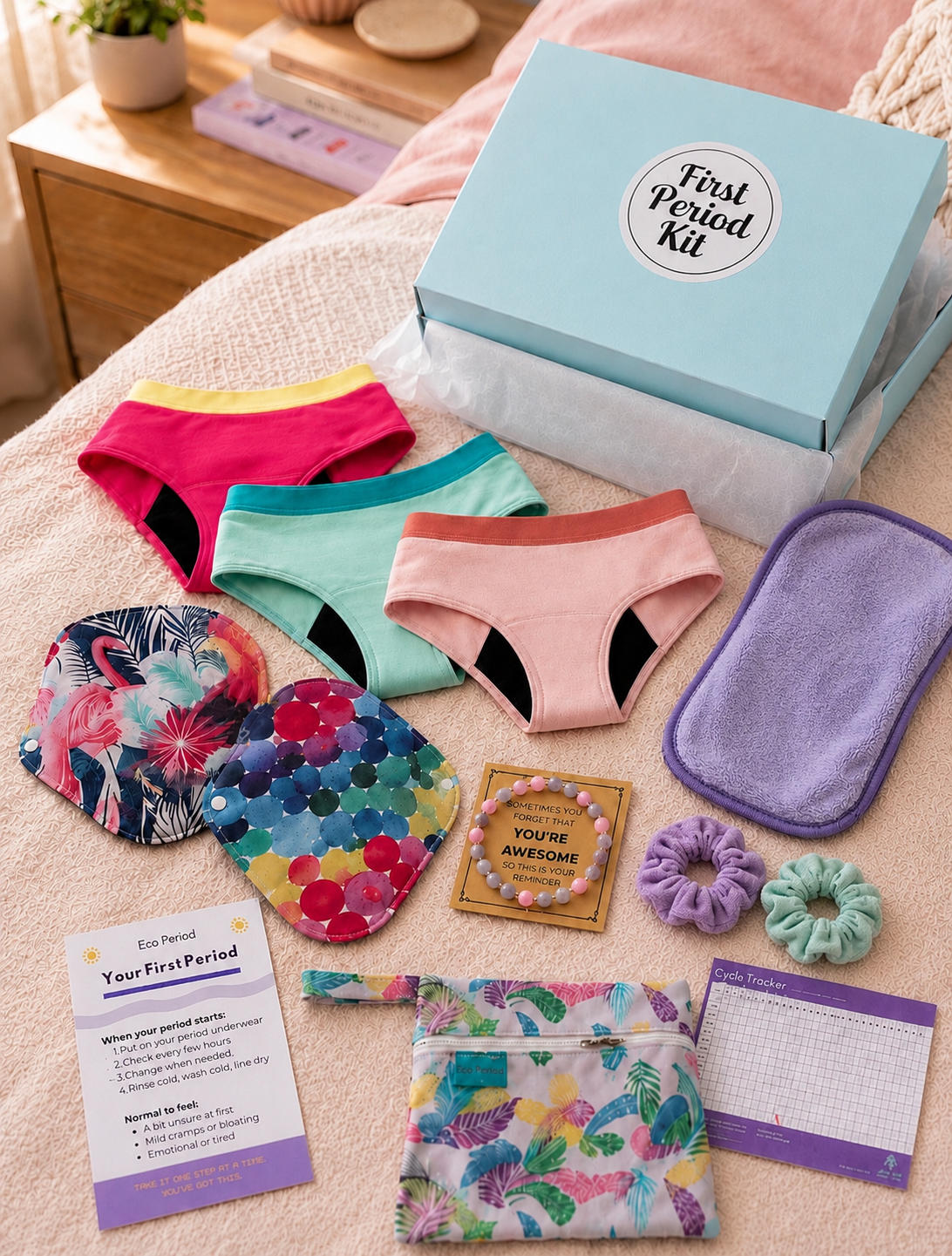 A first period kit laid out on a bed, including a light blue gift box labeled 'First Period Kit,' several colorful underwear pieces, patterned pads, a purple towel, scrunchies, a small pouch, and informational cards.