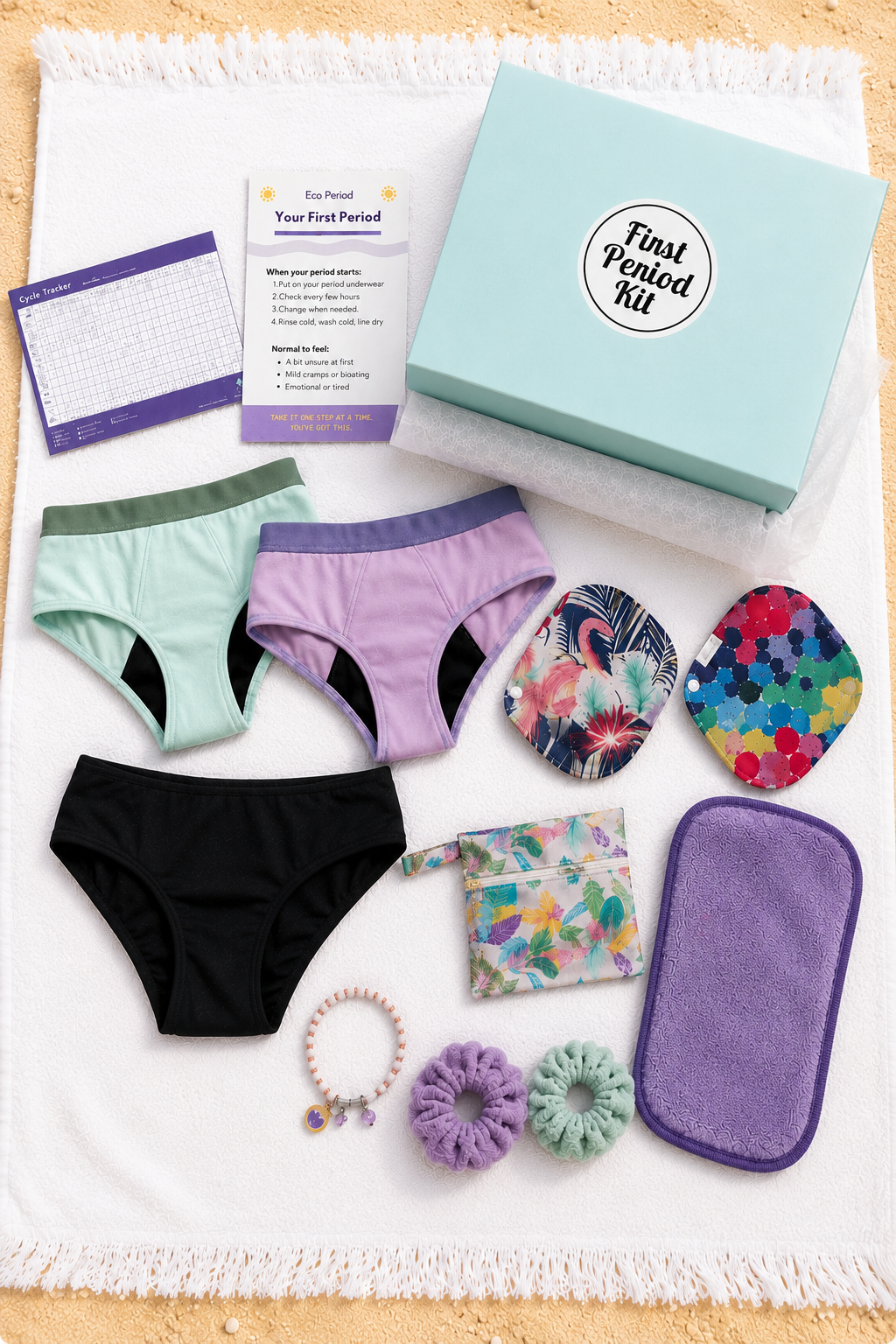 A first period kit laid out on a white towel, including a light blue box labeled 'First Period Kit,' several underwear styles in mint, lavender and black period swimwear, cloth pads, a small floral pouch, two scrunchies, a beaded bracelet, and a printed instruction card.