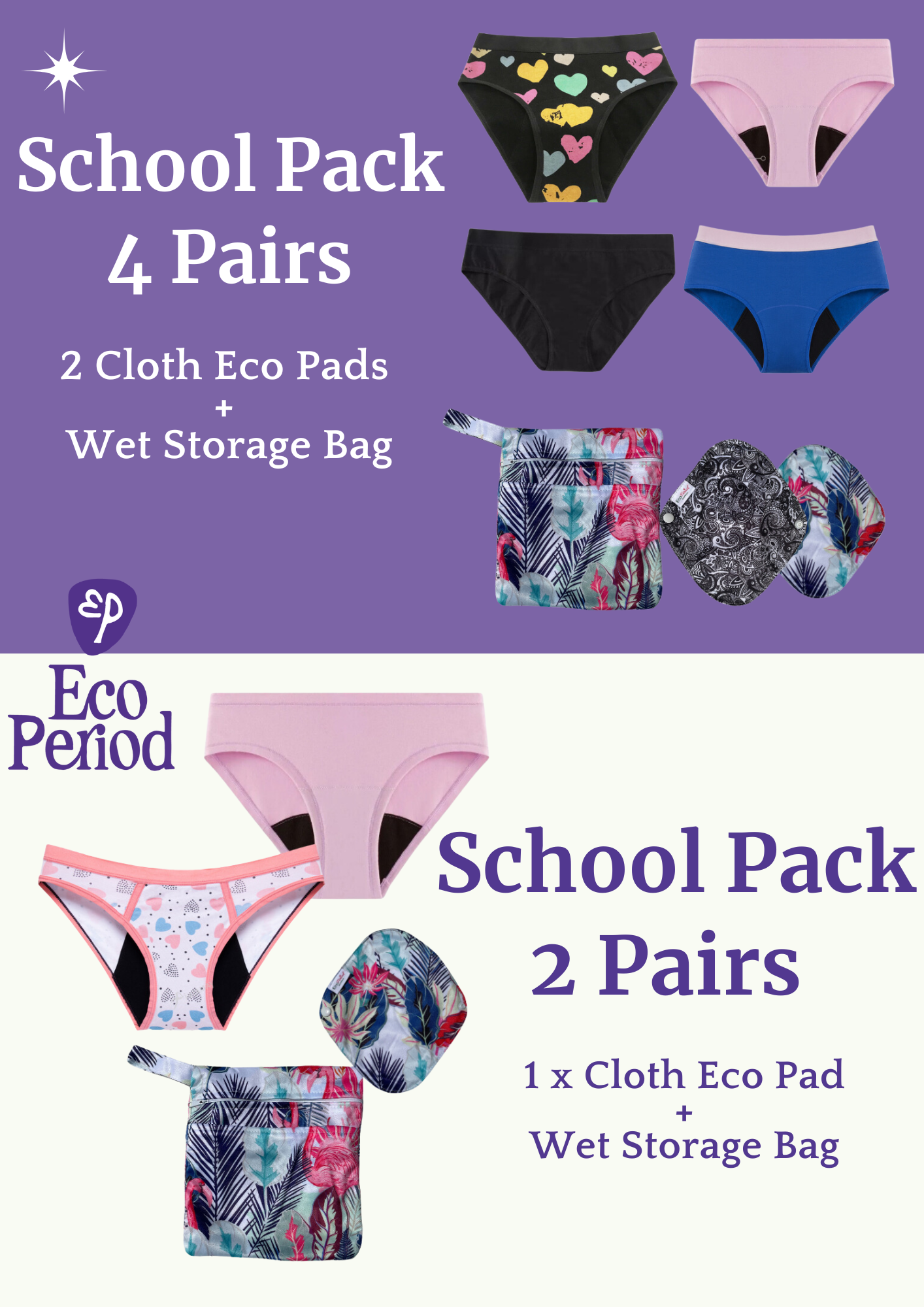 ECO PERIOD Teen School Bundle | 4 Pack + Pads + Wet Bag