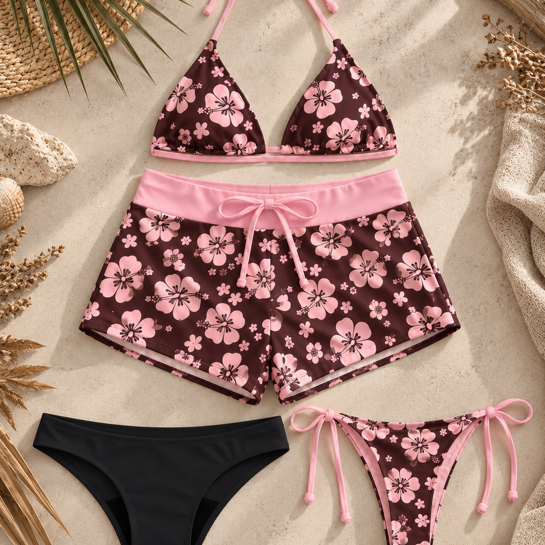 PeriodSwimSet4PieceChocolateHibiscusSwimwearFlatLay.png