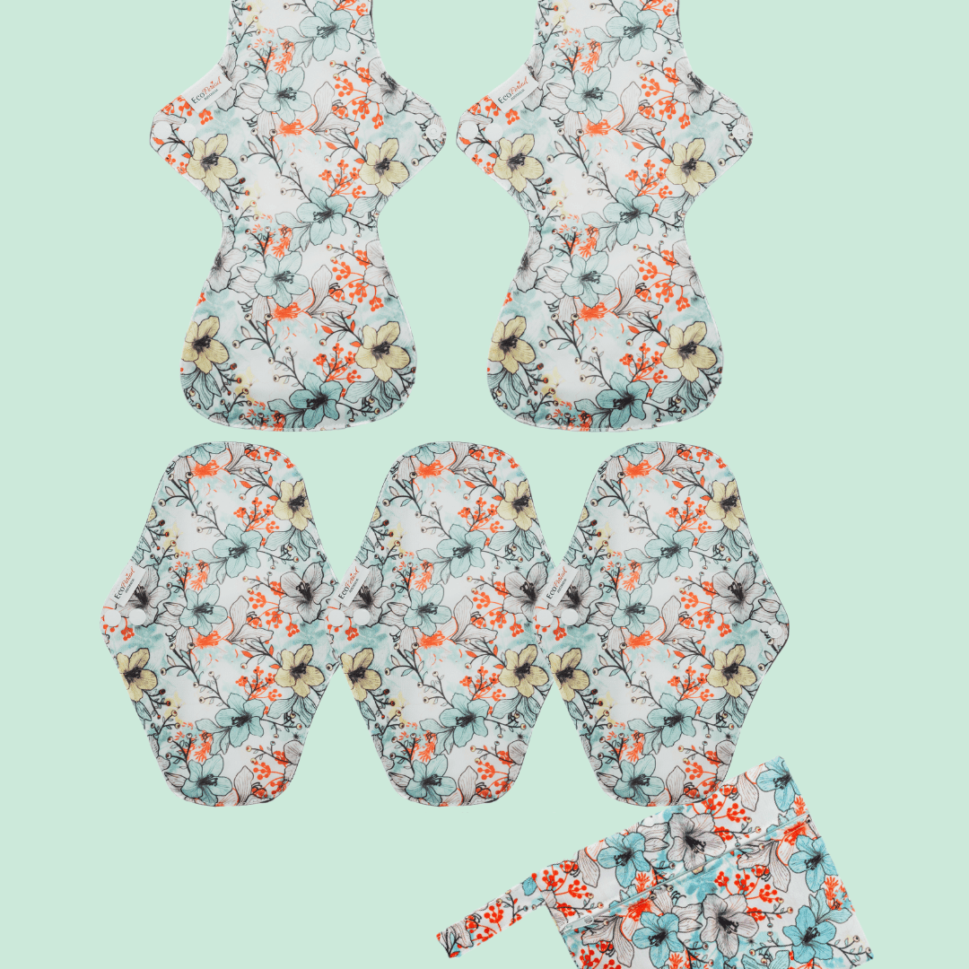 Eco Pad Heavy Flow pack (2 Large, 3 Regular + Wet Bag) - Feminine Pads & Protectors