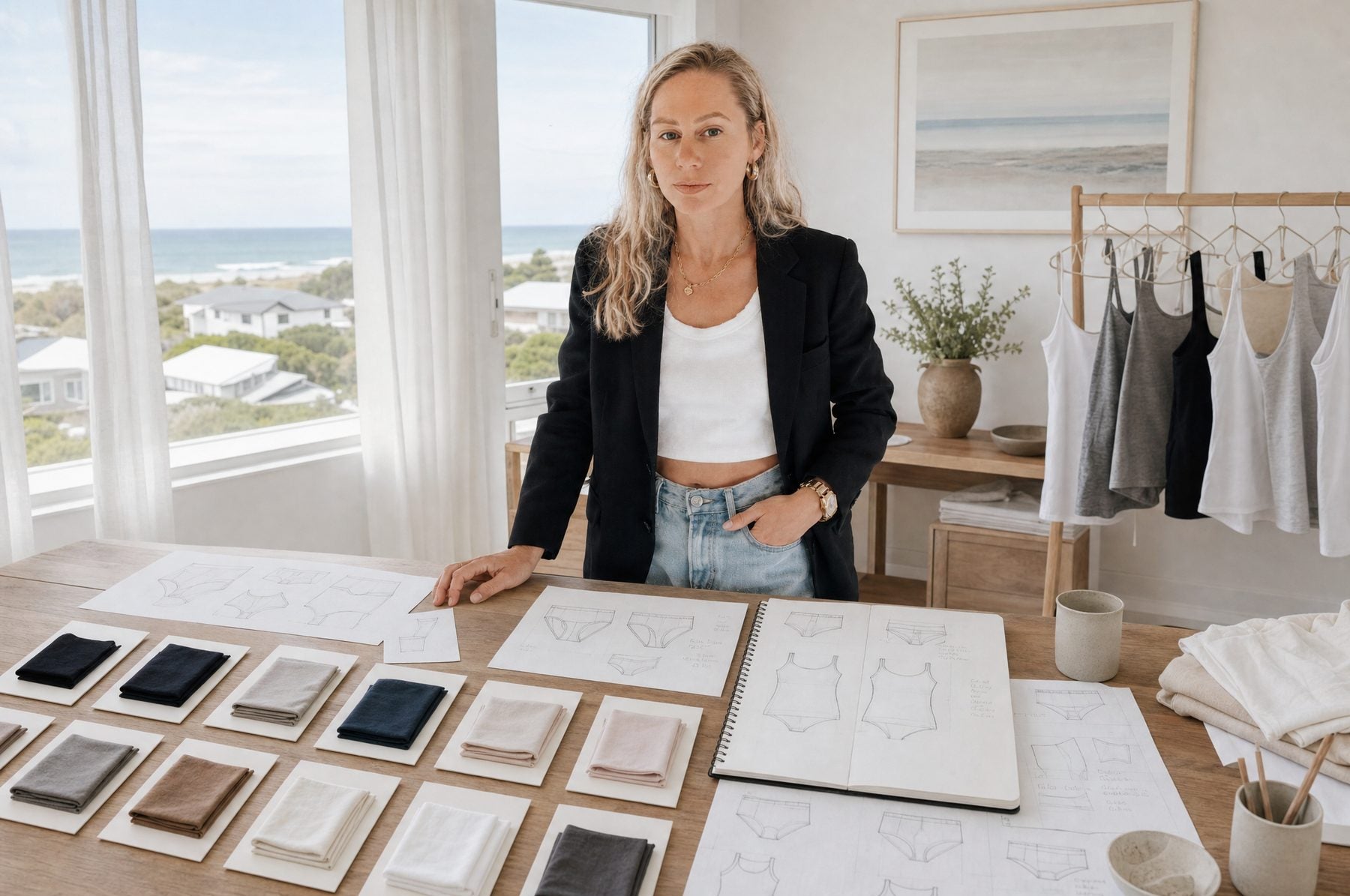 Danielle Hoeksema, founder of Eco Period Australia, in her design studio with fabric swatches and sketches