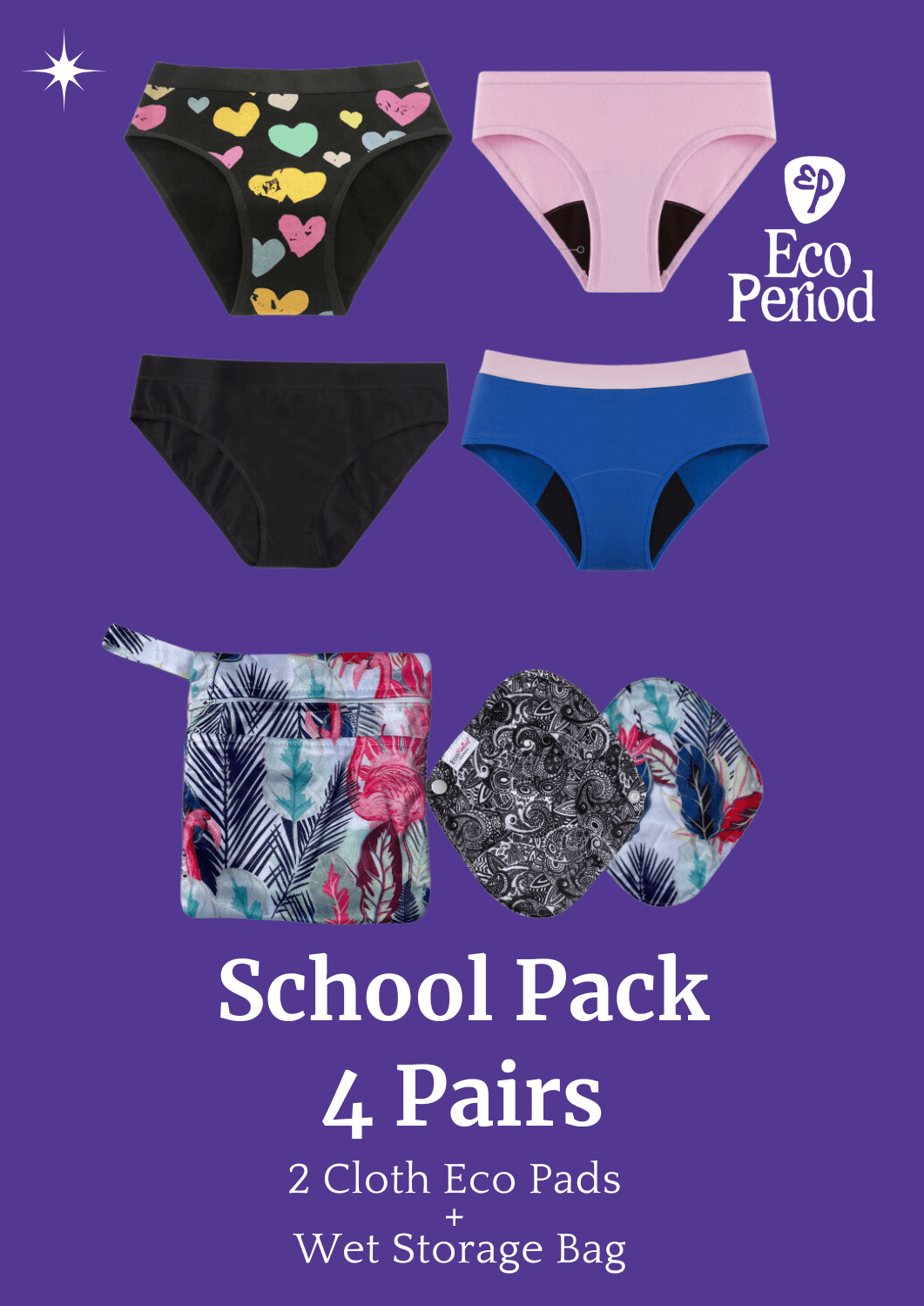 ECO PERIOD Teen School Bundle | 4 Pack + Pads + Wet Bag - 