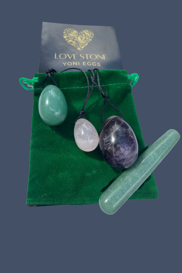 Yoni Egg 3 Piece Set and Wand Love Stone Jade Eggs