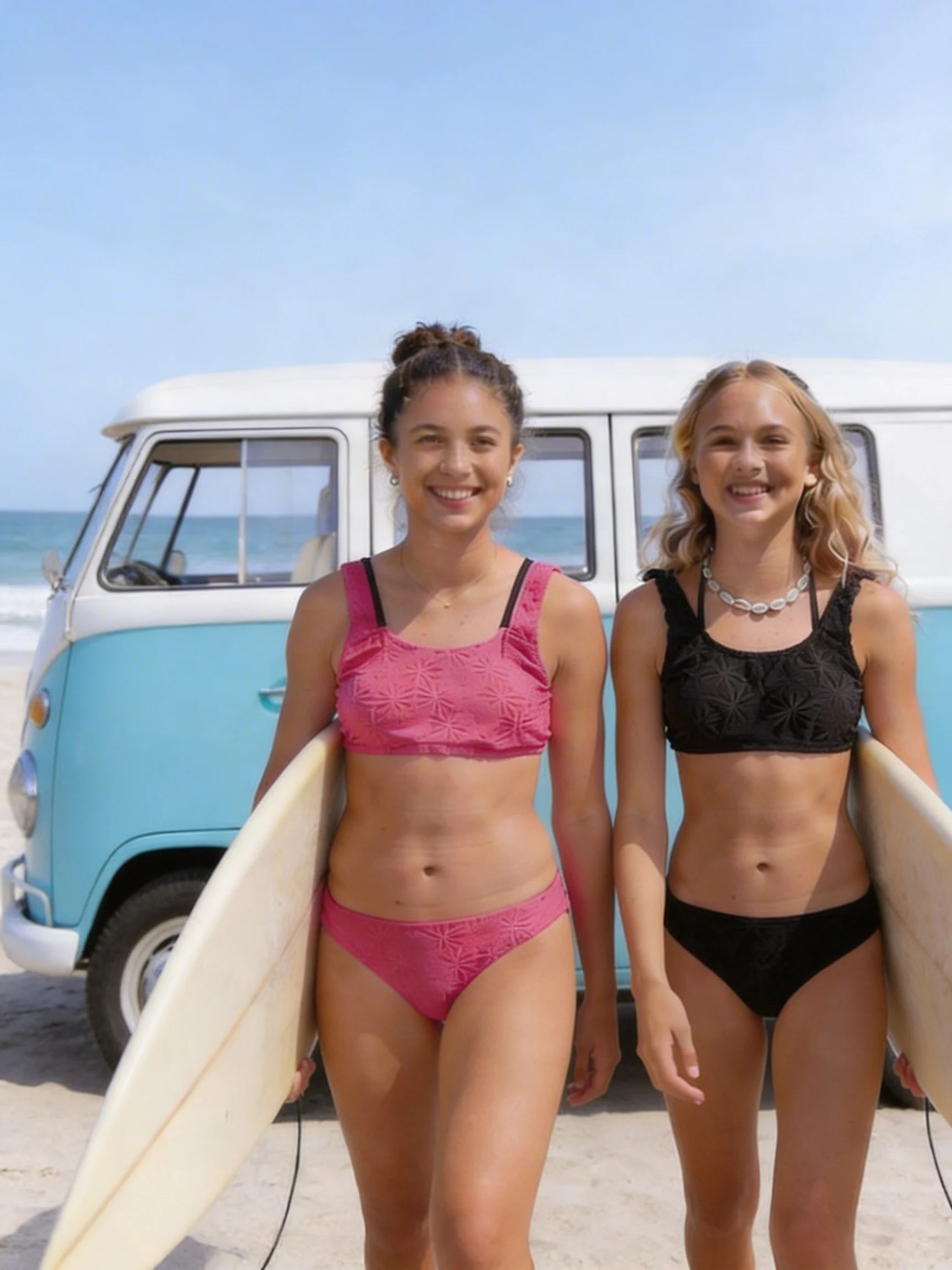Two young girls in swimsuits holding surfboards with a vintage van in the background.
